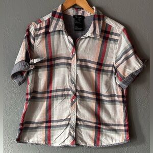 Tribal | plaid | pearl snap | bow sleeve | short sleeve | cotton | M